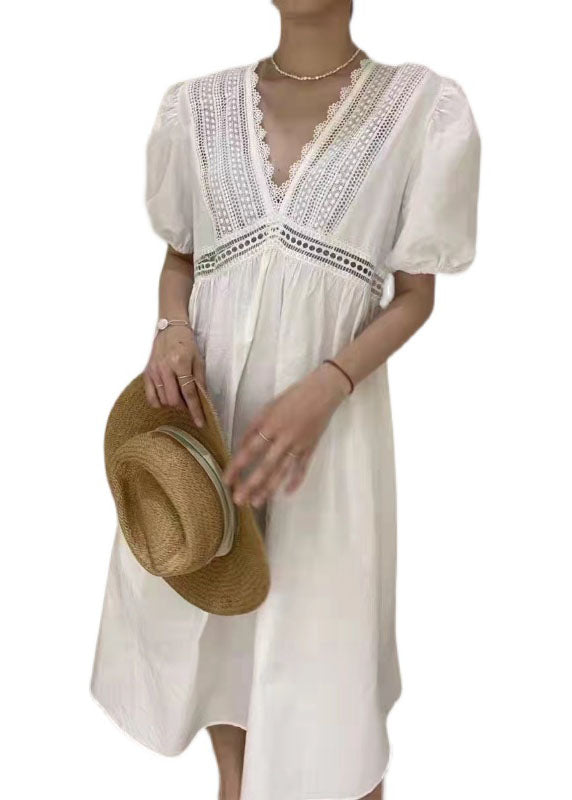 Women White Embroidered Hollow Out Patchwork Cotton Dress Puff Sleeve