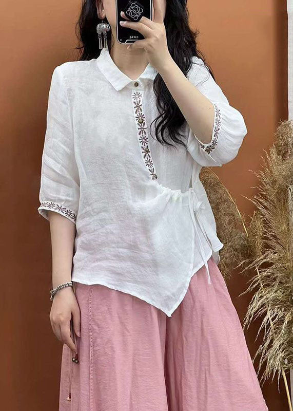 Women White Embroidered Lace Up Patchwork Linen Shirt Top Summer