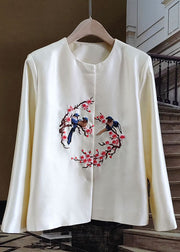 Women White Embroidered Patchwork Silk Outwear Long Sleeve