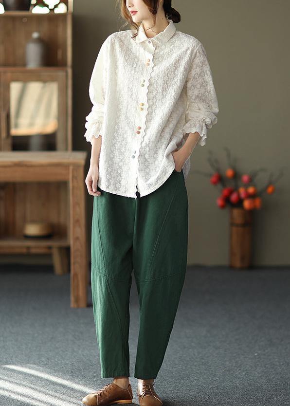 Women White Embroidery shirts Lapel white button loose Spring blouse - SooLinen