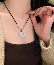 Women White Hand woven Cat's Eye Stone Moon Pendant Necklace