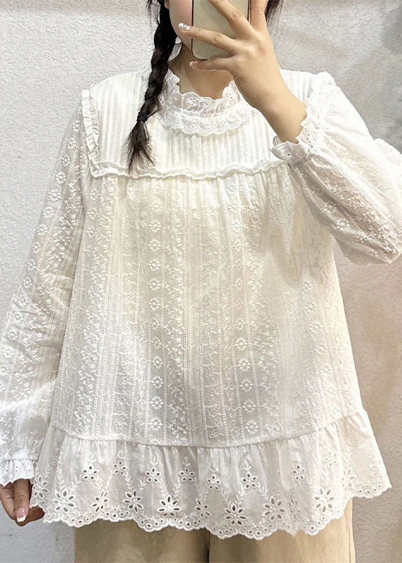 Women White Hollow Out Lace Patchwork Cotton Top Long Sleeve