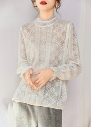 Women White Hollow Out Silm Fit Lace Shirts Spring