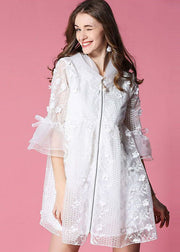 Women White Hooded Hollow Out Applique Organza Jacket Spring