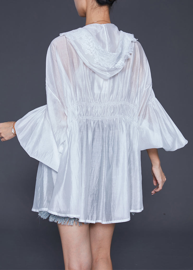 Women White Hooded Lace Patchwork Silk Cardigans Lantern Sleeve
