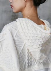 Women White Hooded Patchwork Knit Sweatshirt Spring