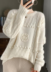 Women White O-Neck Floral Cozy Cashmere Knit Sweater Long Sleeve