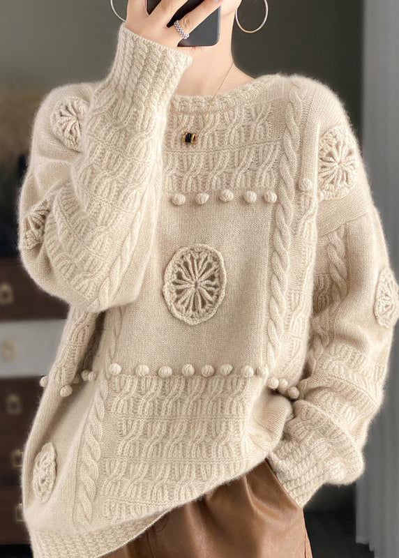 Women White O-Neck Floral Cozy Cashmere Knit Sweater Long Sleeve