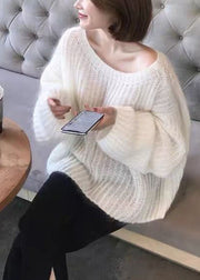 Women White O-Neck Hollow Out Cozy Wool Knit Sweaters Spring