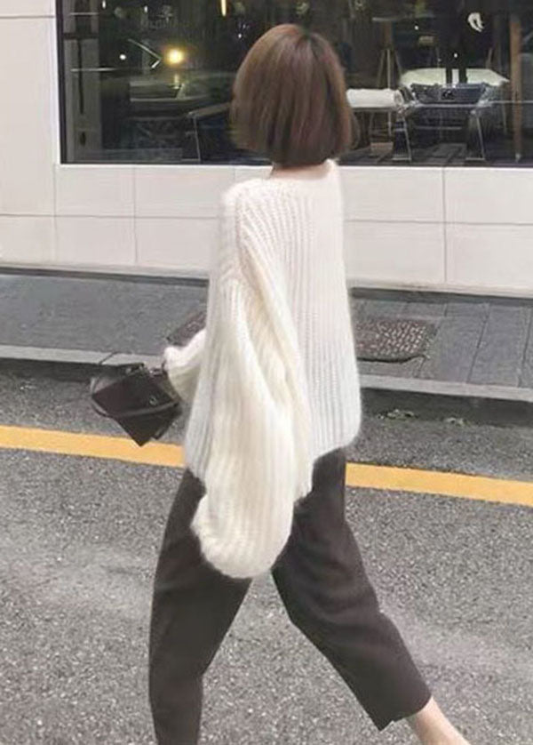 Women White O-Neck Hollow Out Cozy Wool Knit Sweaters Spring