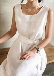 Women White O Neck Patchwork Cotton Maxi Dress Sleeveless