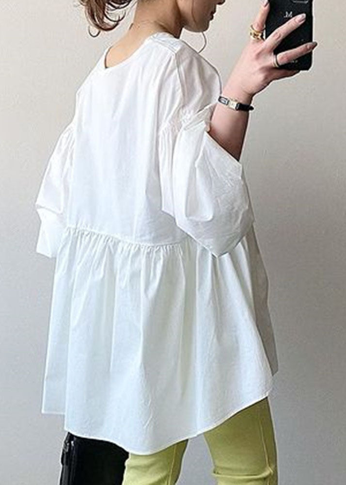 Women White O Neck Patchwork Cotton Shirt Tops Lantern Sleeve