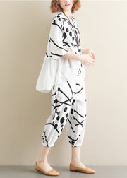 Women White O-Neck Patchwork Tops And Pants Cotton Two Pieces Set Summer