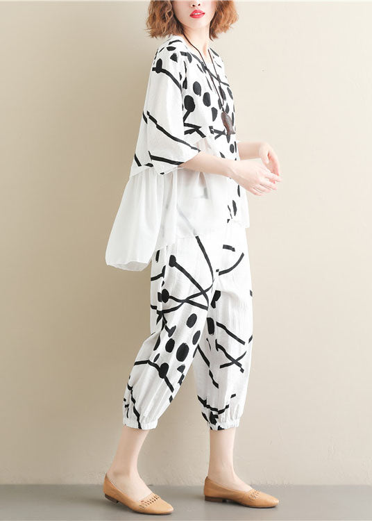 Women White O-Neck Patchwork Tops And Pants Cotton Two Pieces Set Summer