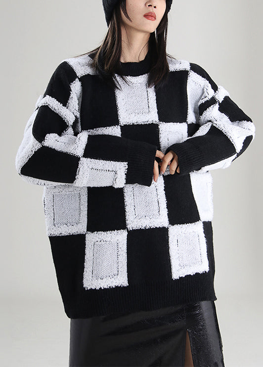 Women White O-Neck Plaid Knit Sweater Tops Spring