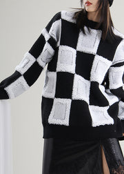Women White O-Neck Plaid Knit Sweater Tops Spring