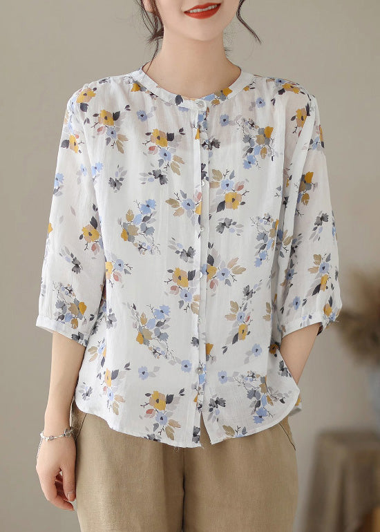 Women White O-Neck Print Button Ramie Shirts Summer