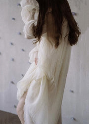 Women White O-Neck Solid Chiffon Dress Petal Sleeve