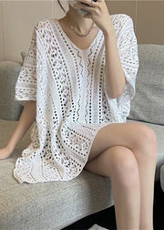 Women White Oversized Side Open Hollow Out Knit Long Smock Summer