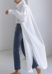 Women White Peter Pan Collar Asymmetrical Cotton Shirts Long Sleeve