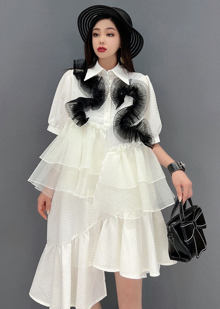 Women White Peter Pan Collar Asymmetrical Design Ruffles Patchwork Tulle Maxi Dresses Short Sleeve
