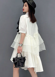 Women White Peter Pan Collar Asymmetrical Design Ruffles Patchwork Tulle Maxi Dresses Short Sleeve