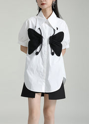 Women White Peter Pan Collar Butterfly Patchwork Cotton Shirts Top Summer