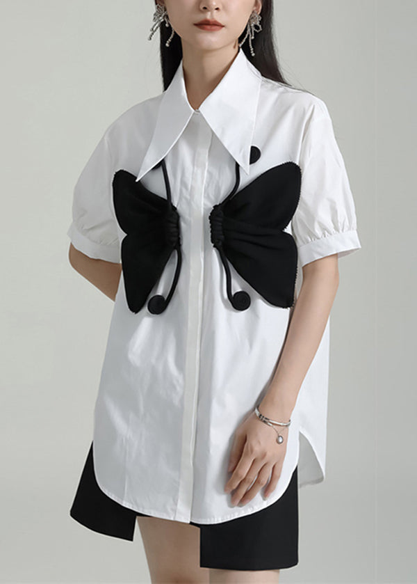 Women White Peter Pan Collar Butterfly Patchwork Cotton Shirts Top Summer