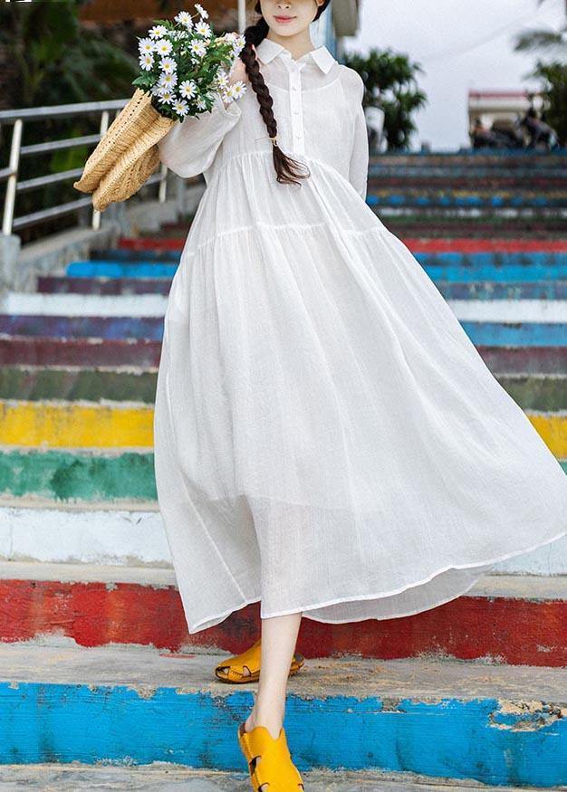 Women White Peter Pan Collar Button Vacation Summer Linen Dress - SooLinen