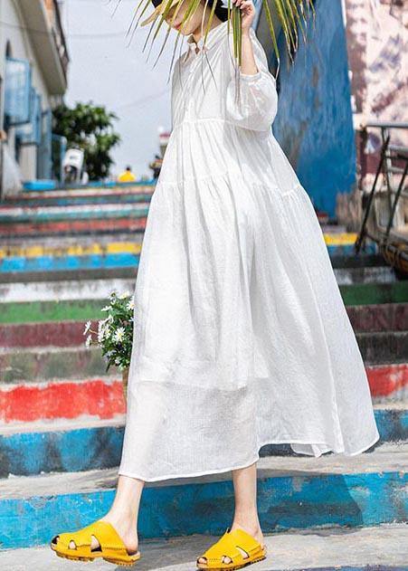 Women White Peter Pan Collar Button Vacation Summer Linen Dress - SooLinen