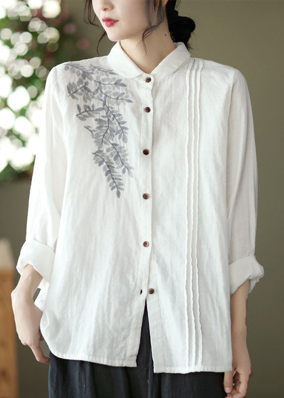 Women White Peter Pan Collar Embroidered Cotton Blouse Top Spring