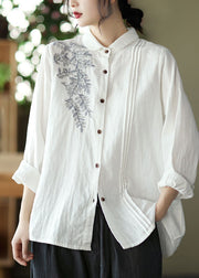 Women White Peter Pan Collar Embroidered Cotton Blouse Top Spring
