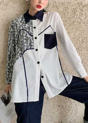 Women White Peter Pan Collar Lace Print Cotton Shirts Top Spring