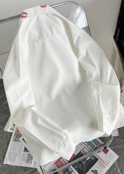Women White Peter Pan Collar Print Cotton Tops Long Sleeve