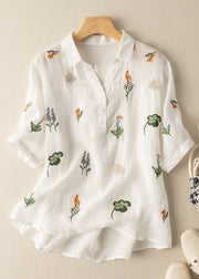 Women White Peter Pan Collar Print Patchwork Linen Shirt Top Summer
