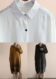 Women White Peter Pan Collar Print Patchwork Linen Shirts Dresses Spring