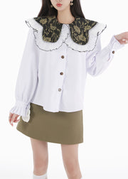 Women White Peter Pan Collar Shirts Tops And Skirts Cotton Two Pieces Set Spring
