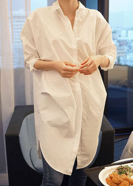 Women White Peter Pan Collar Wrinkled Cotton Shirt Top Long Sleeve