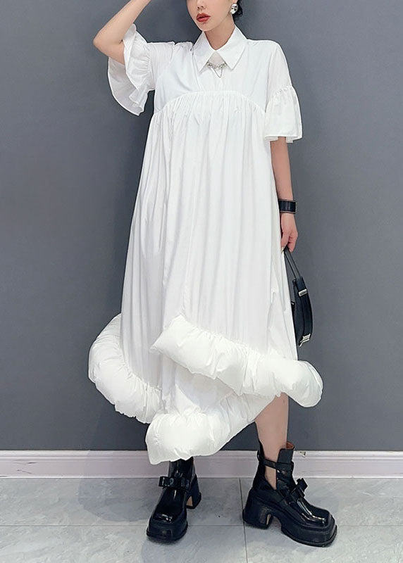 Women White Peter Pan Collar Wrinkled Patchwork Cotton Shirts Dress Summer