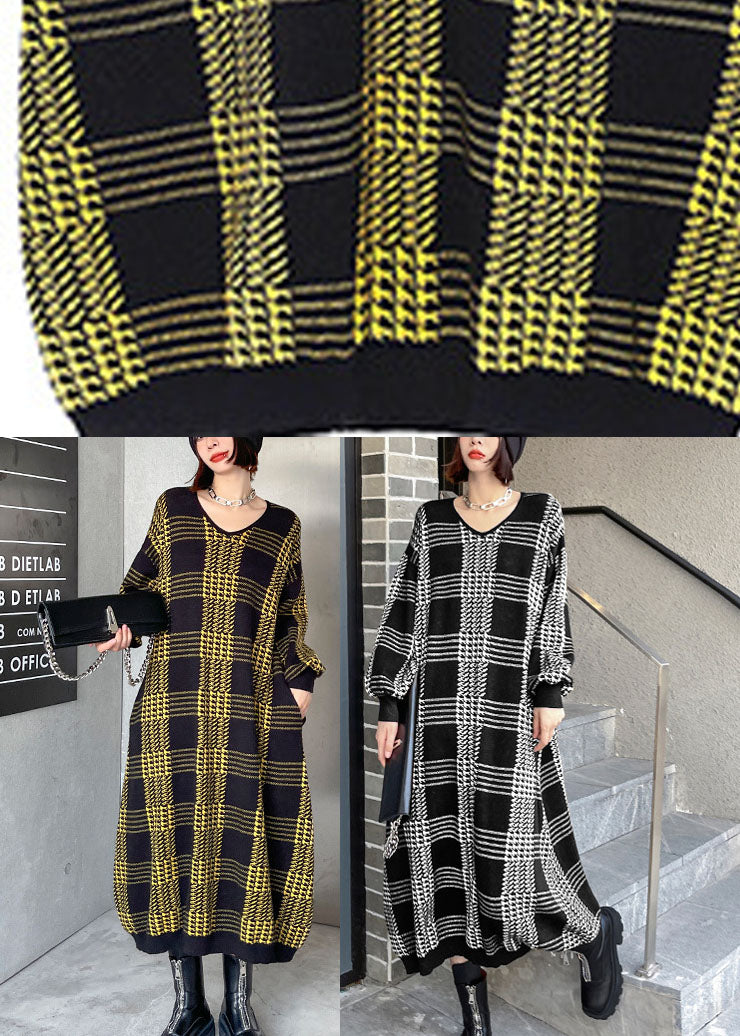 Women White Plaid Casual Fall Knitted Dress