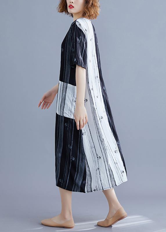 Women White Print V Neck Turn-down Collar Summer Maxi Dress - SooLinen