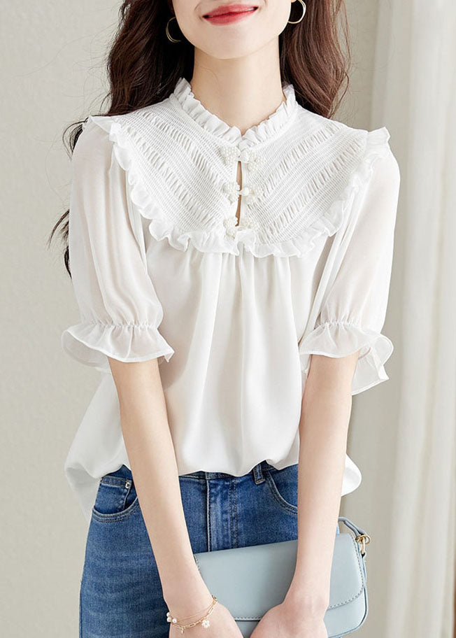 Women White Ruffled Chinese Button Patchwork Chiffon Shirt Top Summer