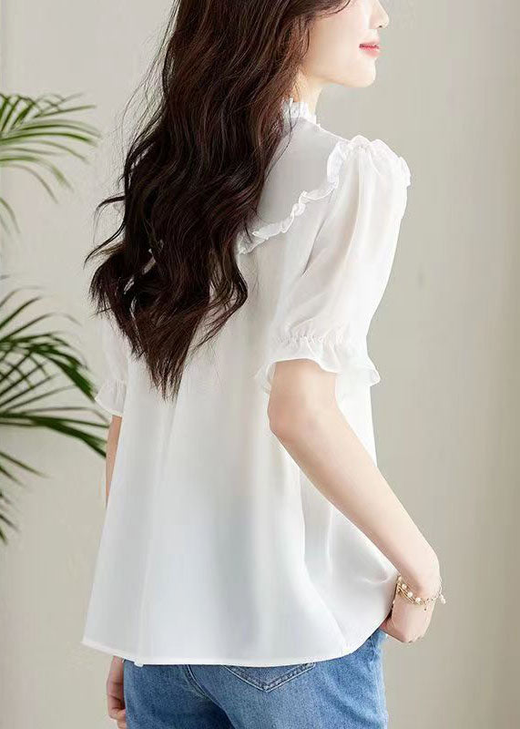Women White Ruffled Chinese Button Patchwork Chiffon Shirt Top Summer