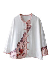 Women White Ruffled Embroidered Patchwork Cotton Tops Spring