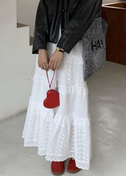Women White Ruffled Hollow Out Cotton Skirts Summer