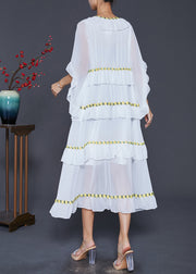 Women White Ruffled Patchwork Chiffon Beach Dress Summer