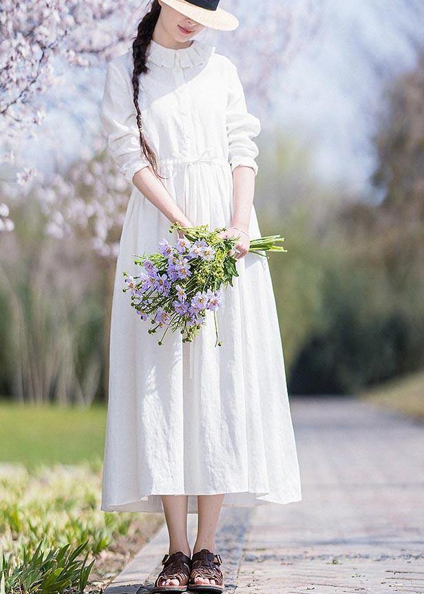 Women White Ruffles Pockets Summer Linen Dress - SooLinen