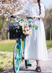 Women White Ruffles Pockets Summer Linen Dress - SooLinen