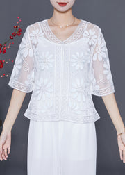 Women White Sequins Embroidered Floral Tulle Cardigan Summer