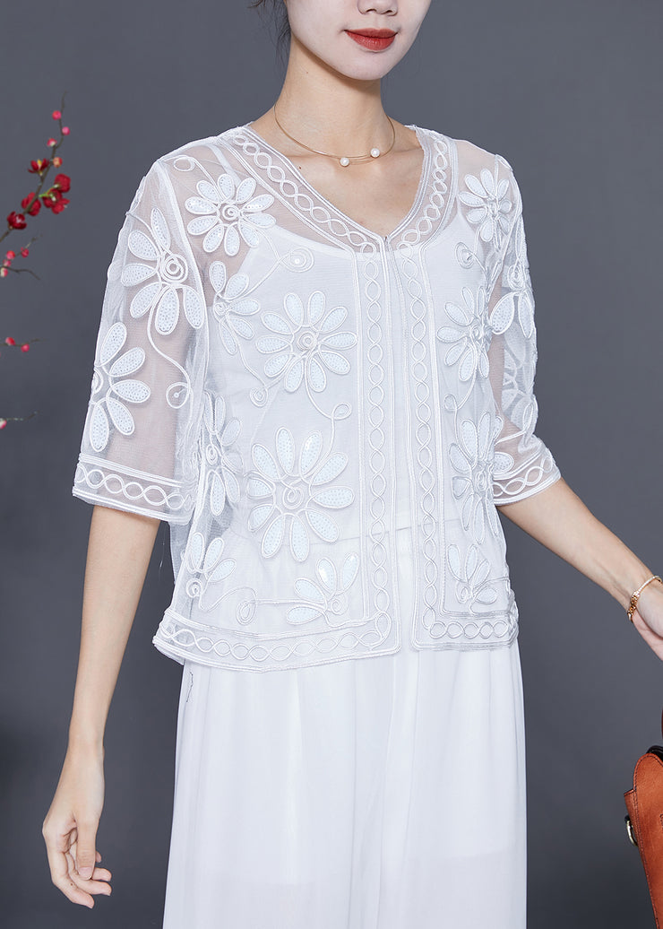 Women White Sequins Embroidered Floral Tulle Cardigan Summer